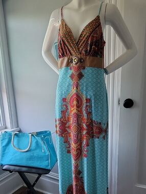 VENUS Turquoise Paisley-Print Spaghetti Strap Maxi Dress with Tan Waistband